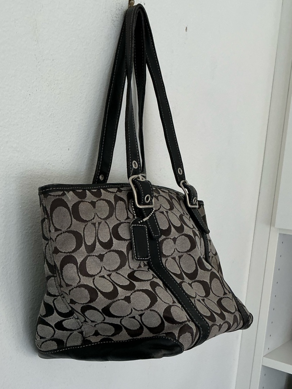 Coach Signature Canvas Tote Bag Brown Black Leather Trim Style 6042 - Picture 3 of 15